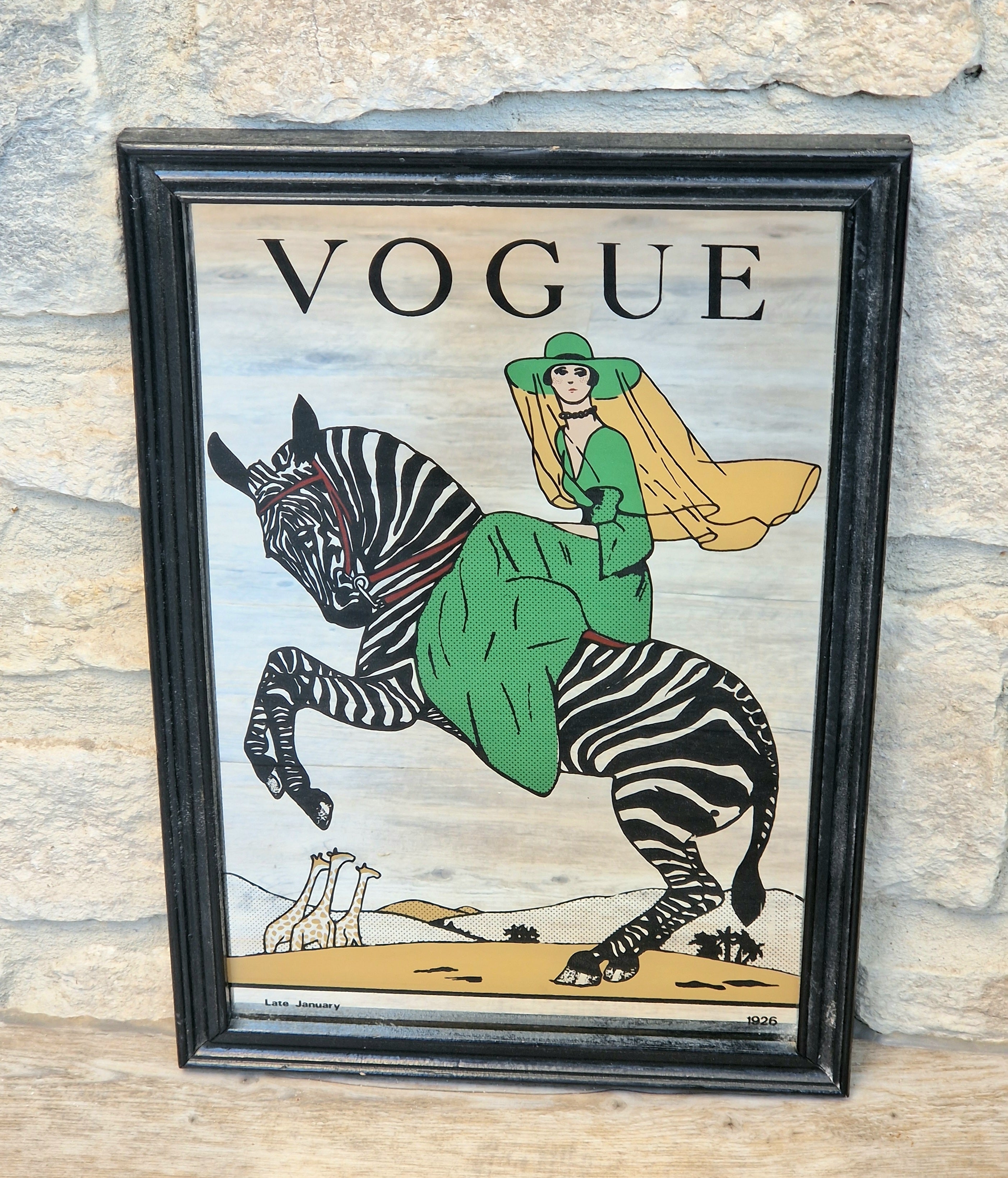 Vintage 1970s Art Deco Vogue Mirror Framed Zebra Fashion Magazine Cover Wall Decor Sign