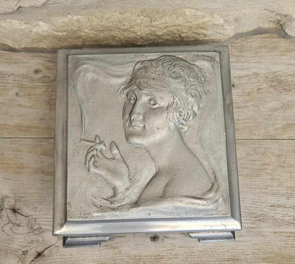 Art Nouveau Lady Aluminium Lidded Box Made in London England Stamped (1905-1924) 13.5cm Square X 6.5cm Tall Arts and Crafts Box