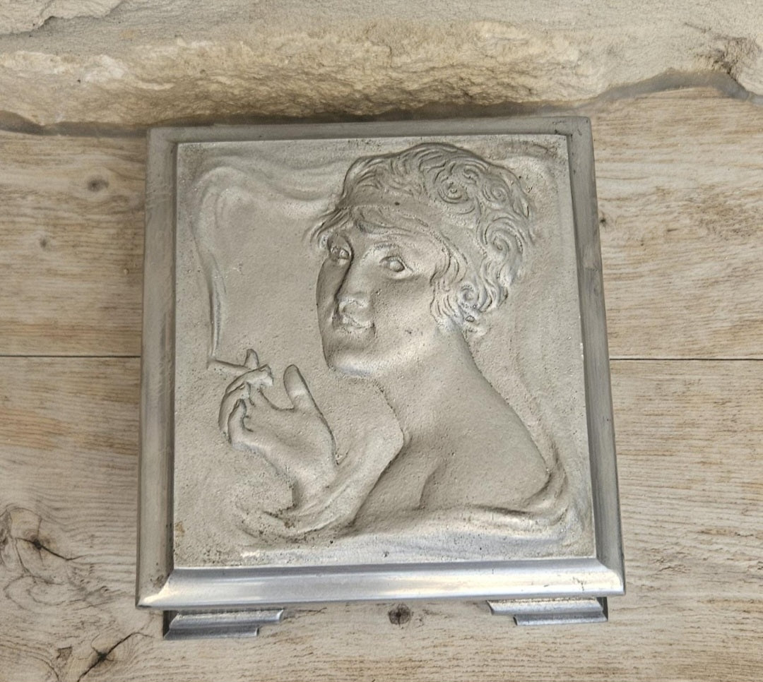 Art Nouveau Lady Aluminium Lidded Box Made in London England Stamped (1905-1924) 13.5cm Square X 6.5cm Tall Arts and Crafts Box