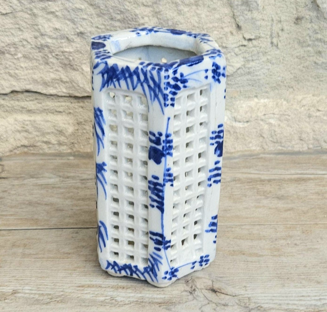 Vintage Japanese Porcelain Pen Pot Calligraphy Brush Holder Cricket Cage Vase Blue White Chinoiserie Decor