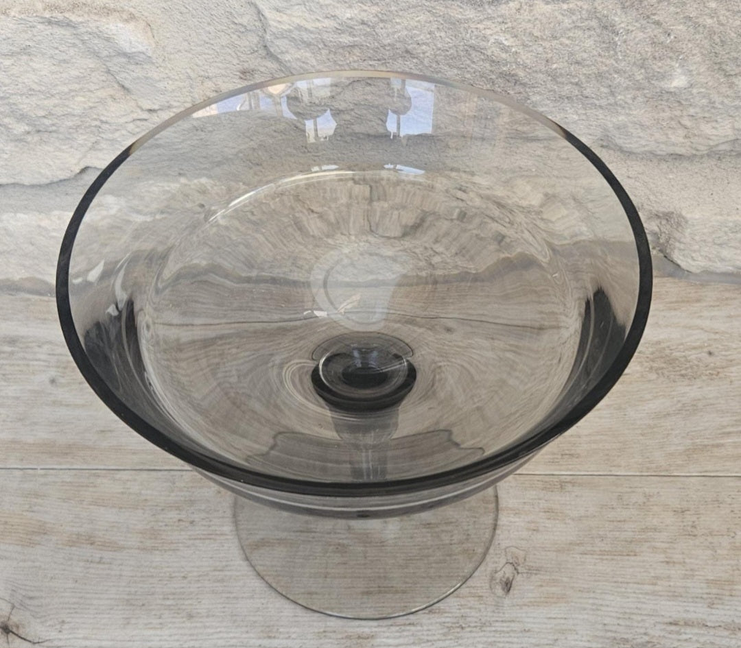 Midcentury Small Glass Compote Tazza By Wedgwood Smoky Glass Made in England Stamped