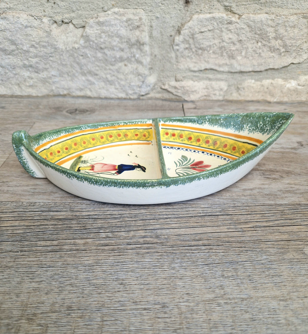 Vintage Henriot Quimper Faience Ceramic Boat Shape Divided Serving Dish