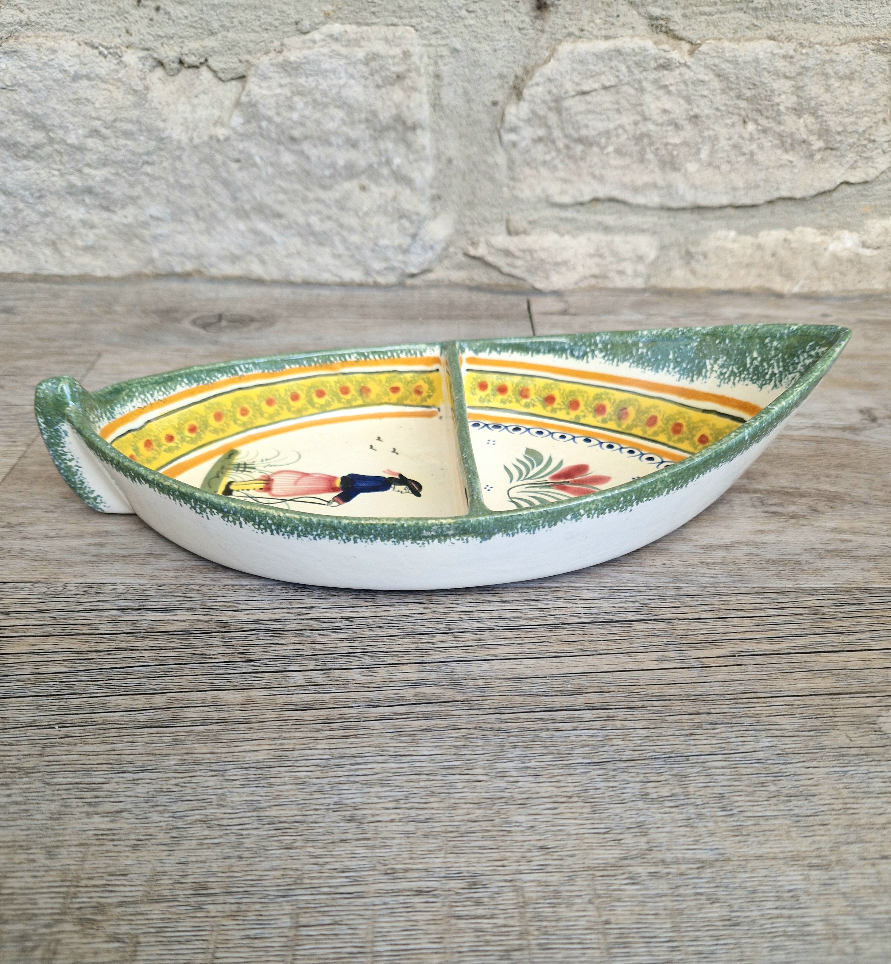 Vintage Henriot Quimper Faience Ceramic Boat Shape Divided Serving Dish