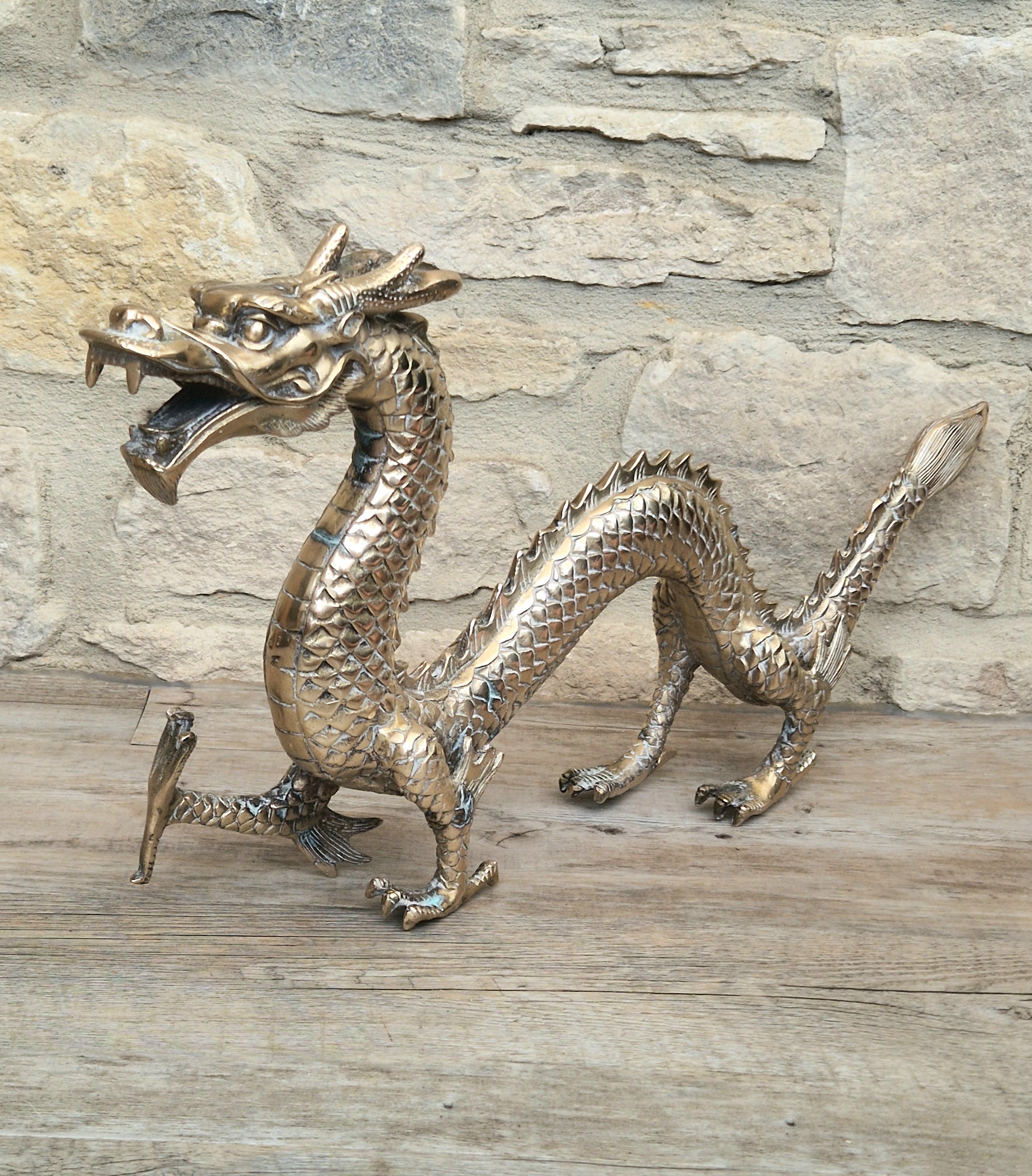 Mid Century High Quality Large Sand-Cast Brass Heavy Chinese Mythical Dragon Figure 51cm