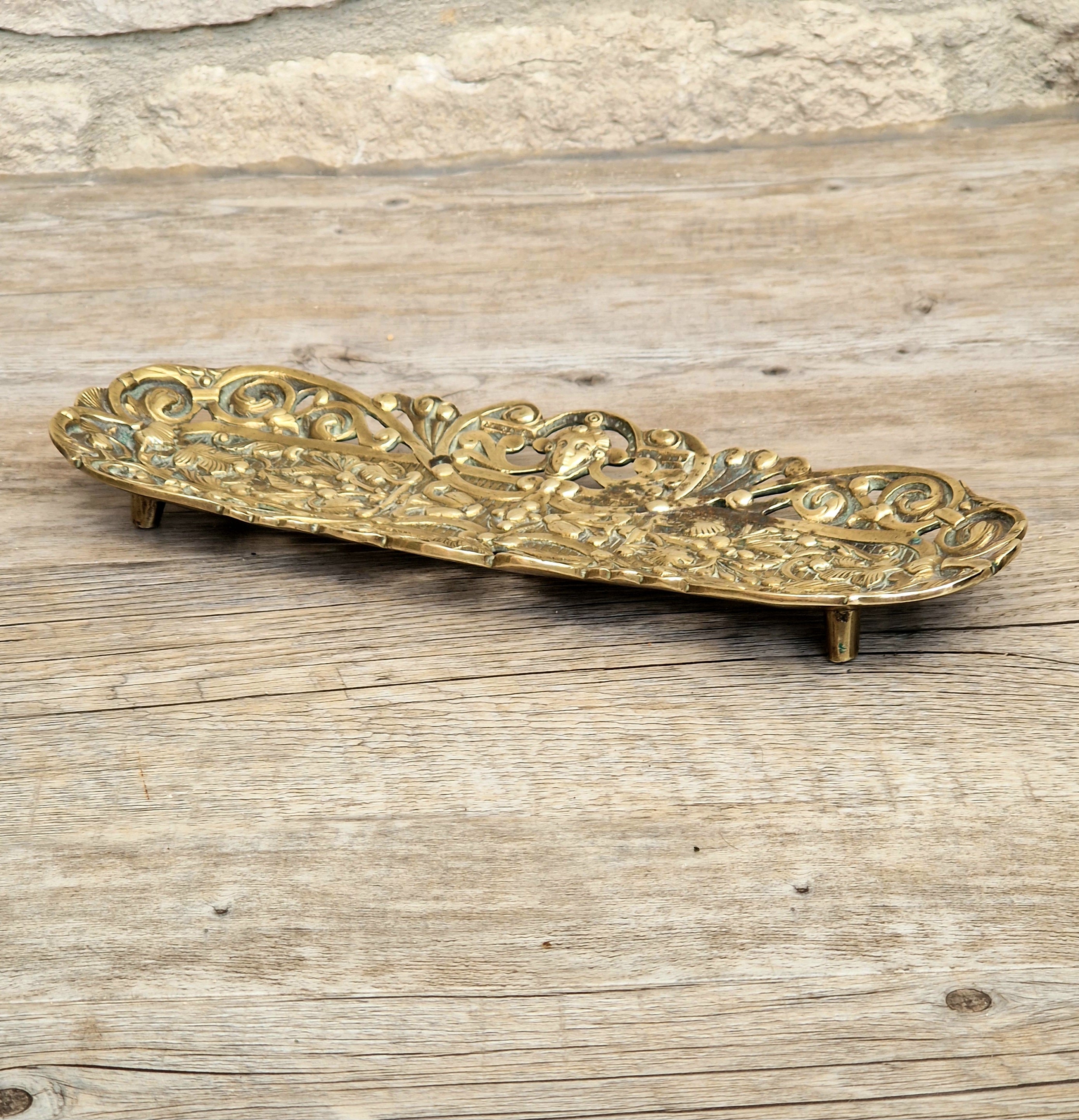 Antique Renaissance Revival Cast Brass Pen Tray