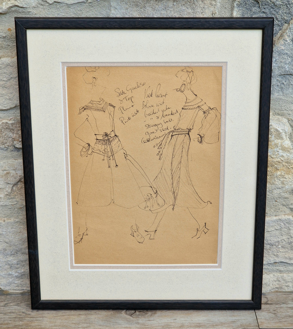 1970s Couture Fashion Drawings Double Framed Sketches Original Bill Gibb Style