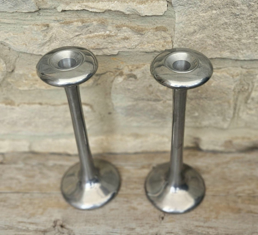 Pair Of Vintage Aluminium Tall Candlesticks 1990's Ikea Kagla Metal By Carl Ojerstam 25cm Tall