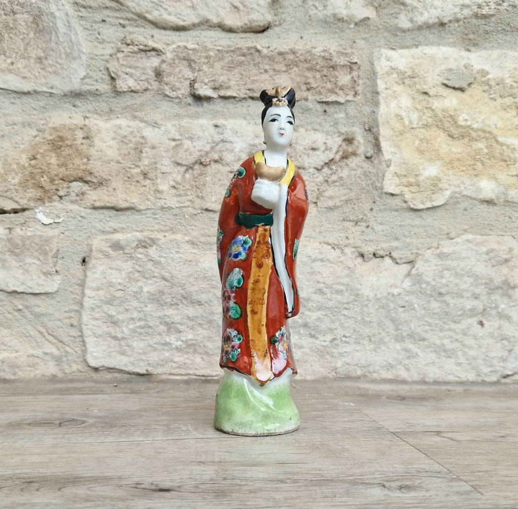 Antique Chinese Qing Hand-Painted Porcelain Figurine Statue Ho Hsien-Ku Daoist Immortal Maiden