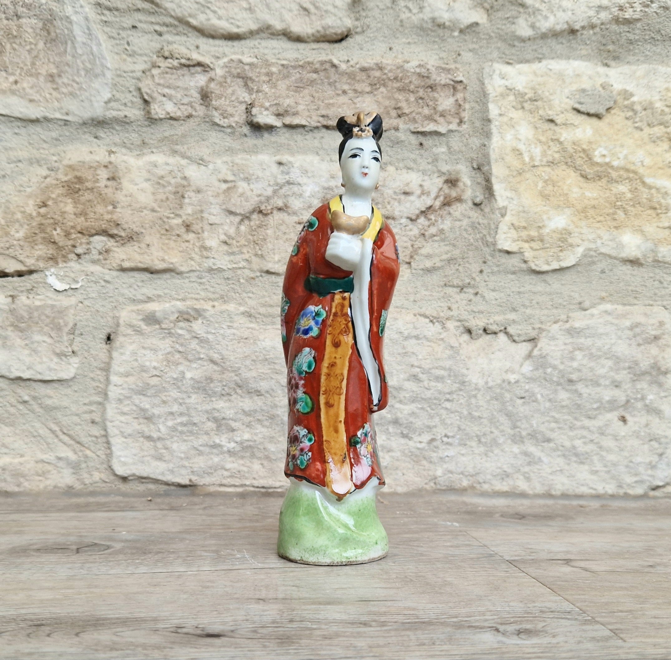 Antique Chinese Qing Hand-Painted Porcelain Figurine Statue Ho Hsien-Ku Daoist Immortal Maiden
