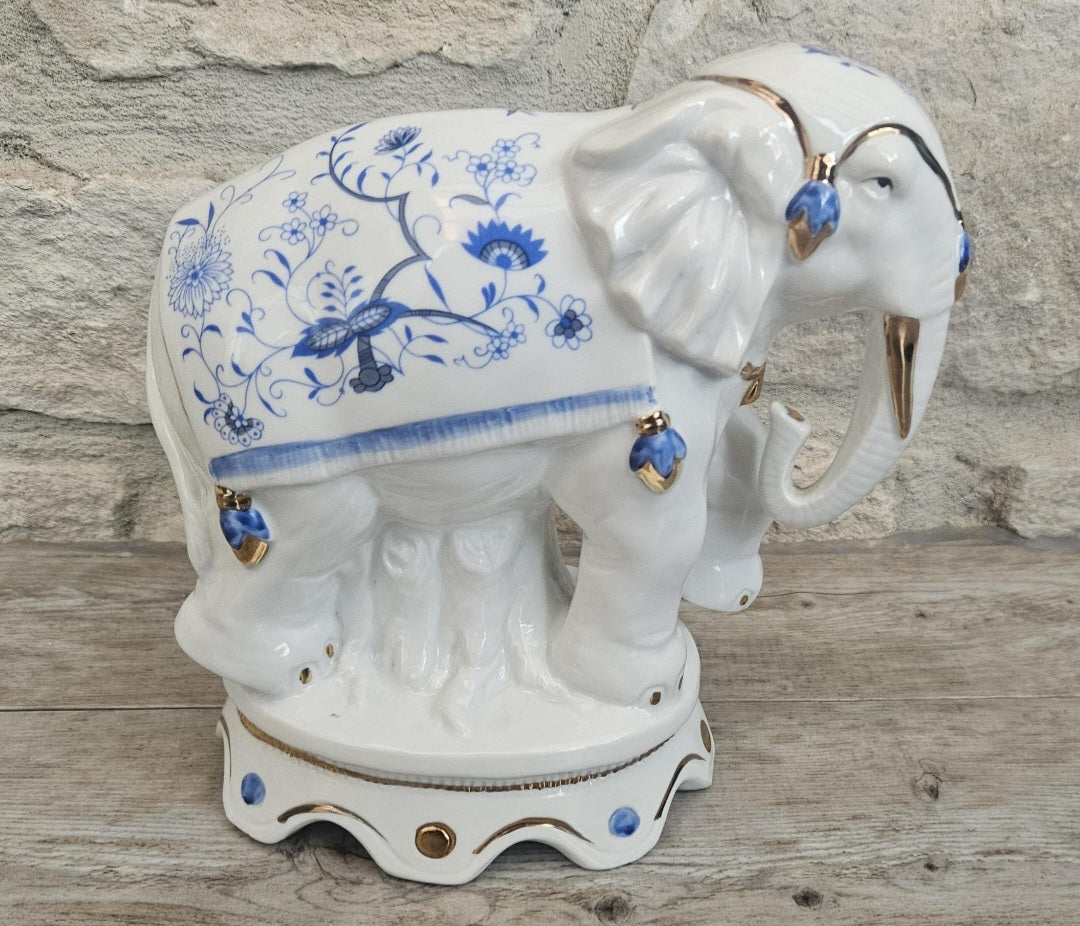 Vintage Elephant Figurine Porcelain Gold Accents Blue & White Floral Pattern Ceramic 7" Tall