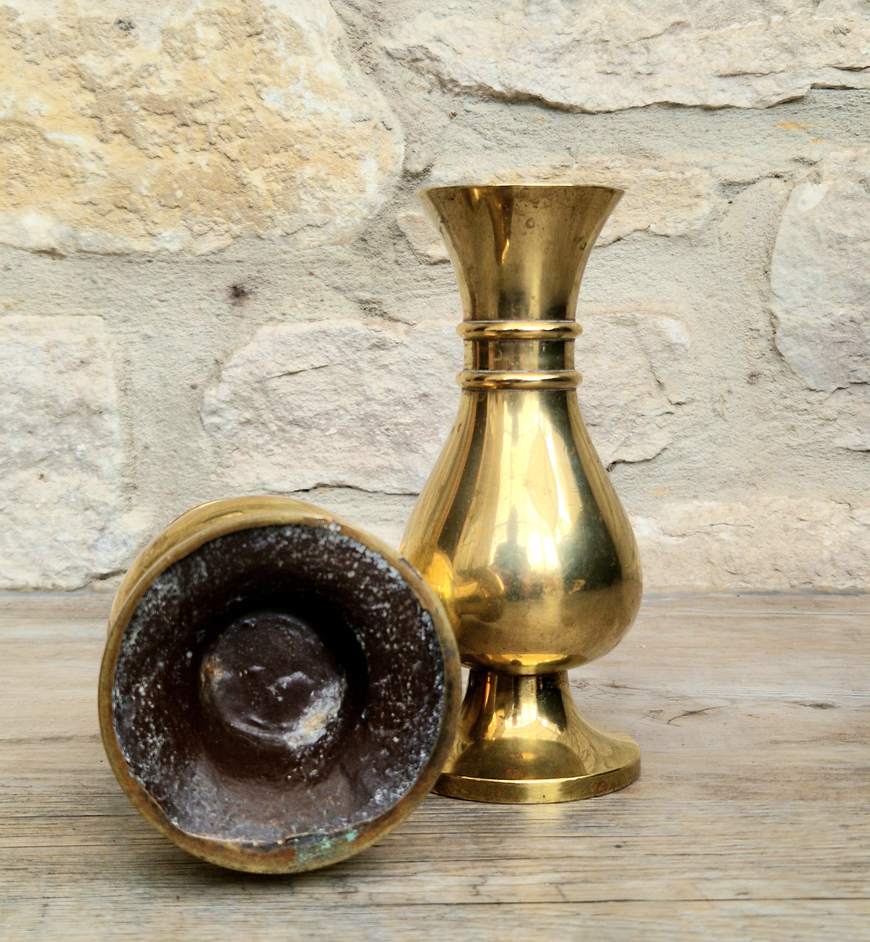 Antique Brass Altar Vases Flared Rim Heavy Pedestal Ecclesiastical Decor Early 20th C.