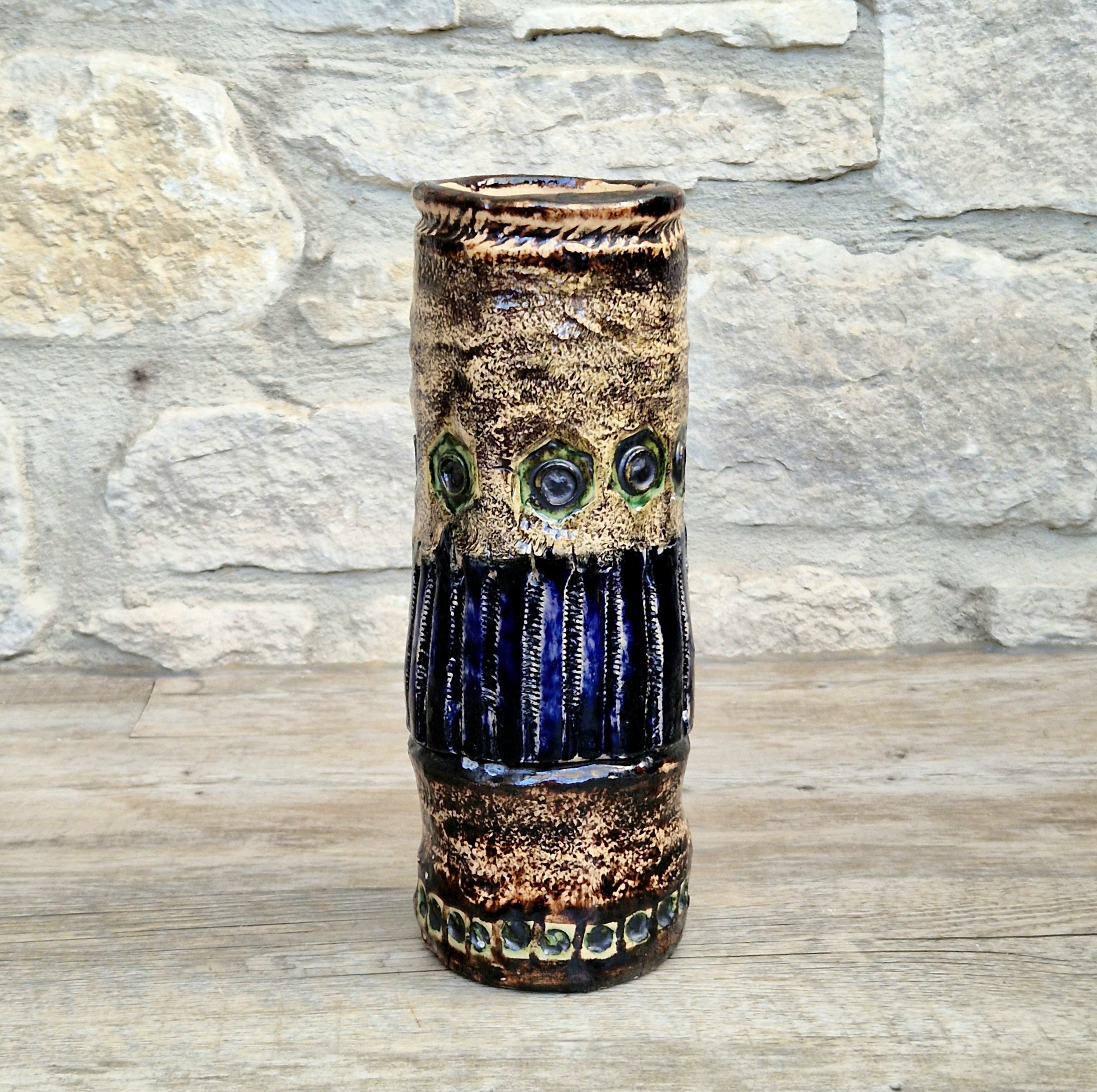 Vintage 1970s Cornish Brutalist Wheel Thrown Studio Pottery Blue Green Hexagon Medallion Ceramic Vase