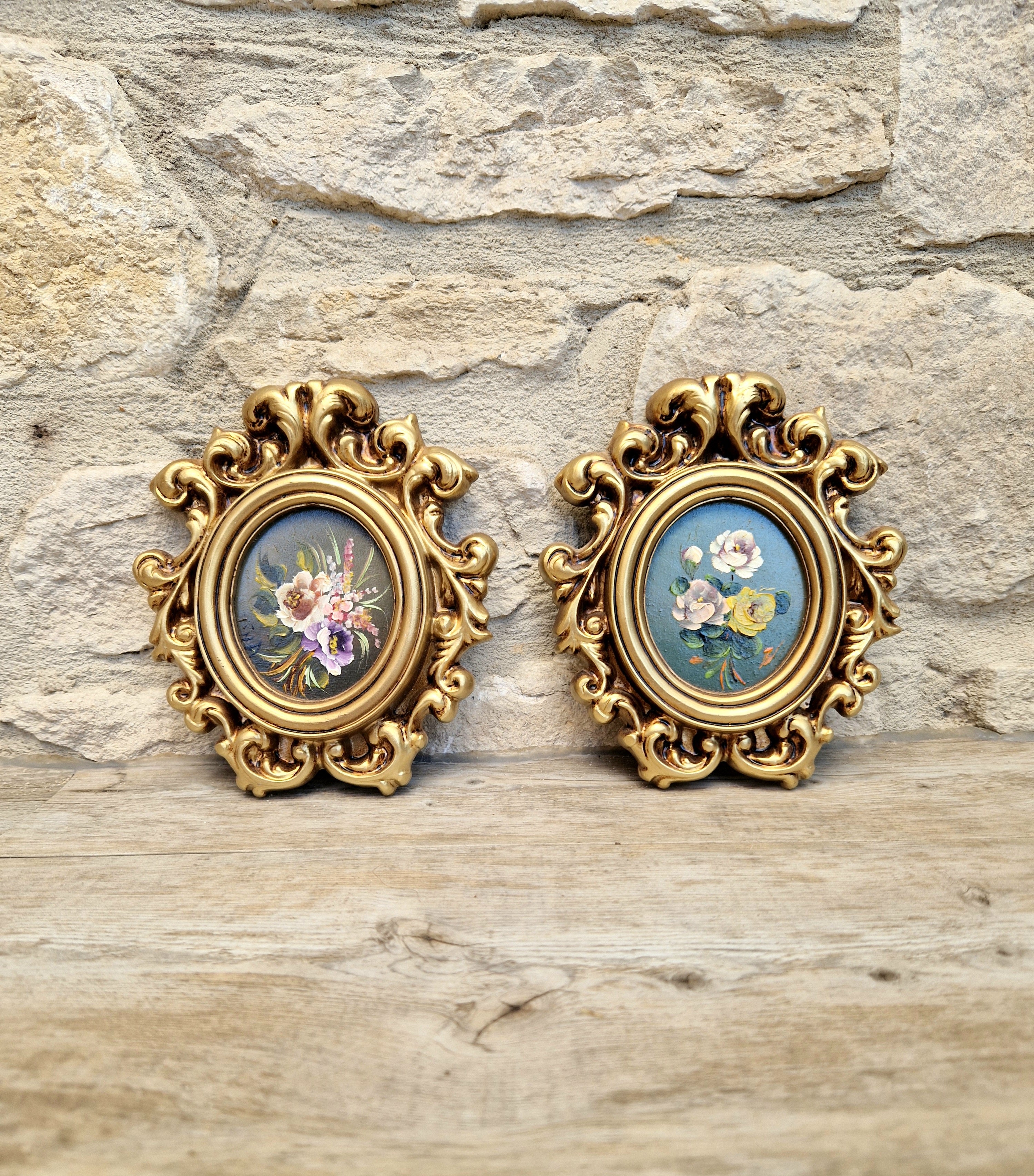 Vintage Pair Signed Floral Miniature Oil Paintings Ornate Gold Rococo Florentine Style Wall Plaques