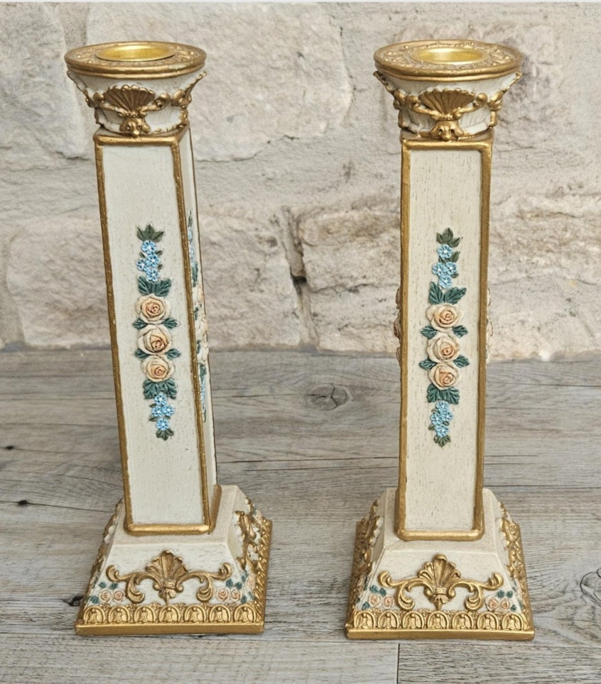 Ornate Vintage Pair Of Candlesticks Pedestal Column Resin Cream Gold Floral  9" Tall