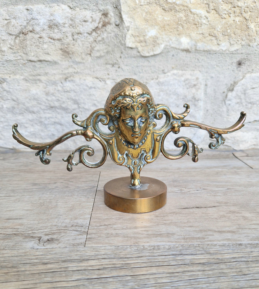 Brass Neo Classical Female Figural Pediment Mounted On Heavy Antique Paperweight