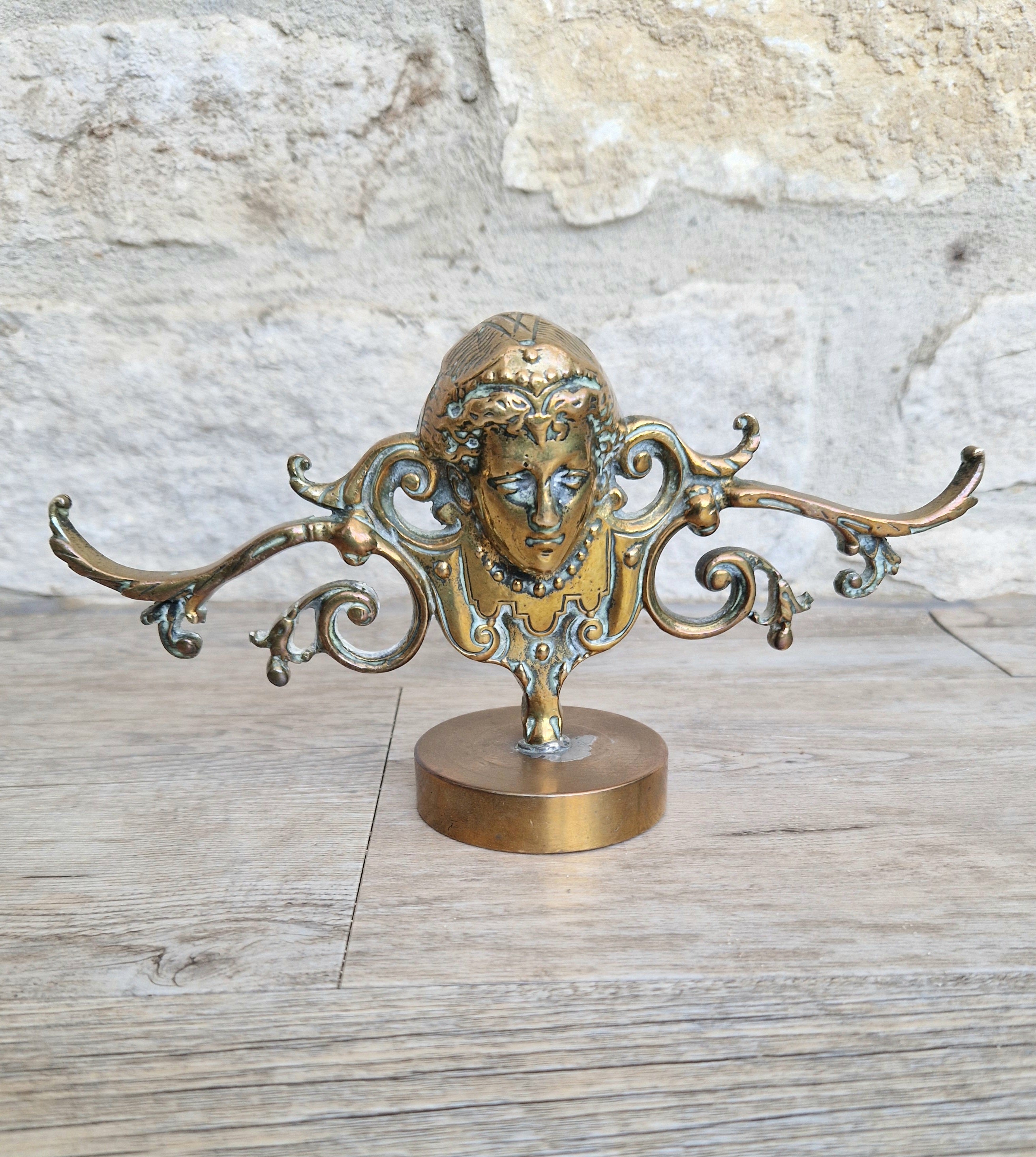 Brass Neo Classical Female Figural Pediment Mounted On Heavy Antique Paperweight