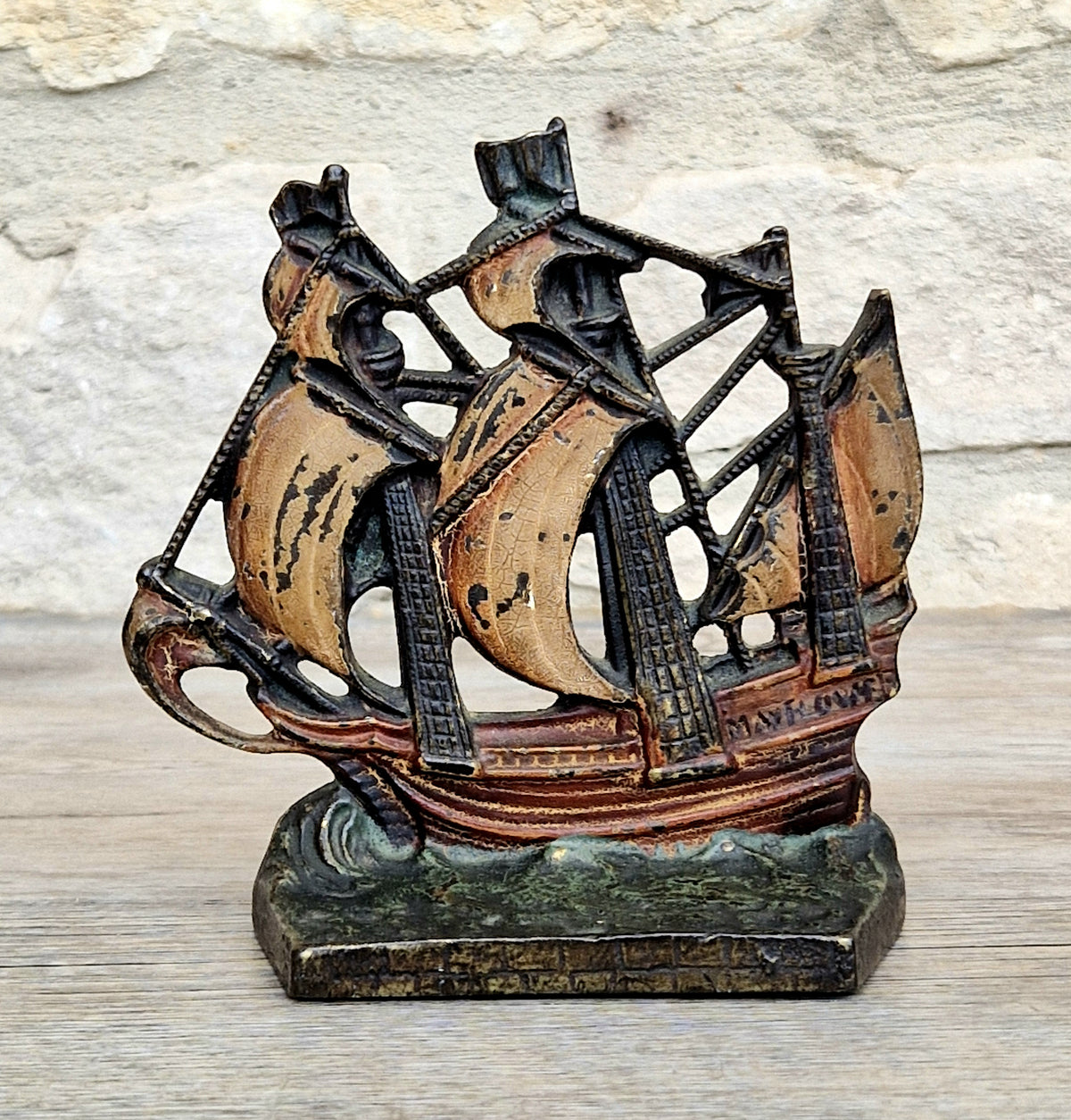 1920s Antique Sand Cast Bronze Mayflower Ship Bookend Paperweight Pattern 110 Original Paint
