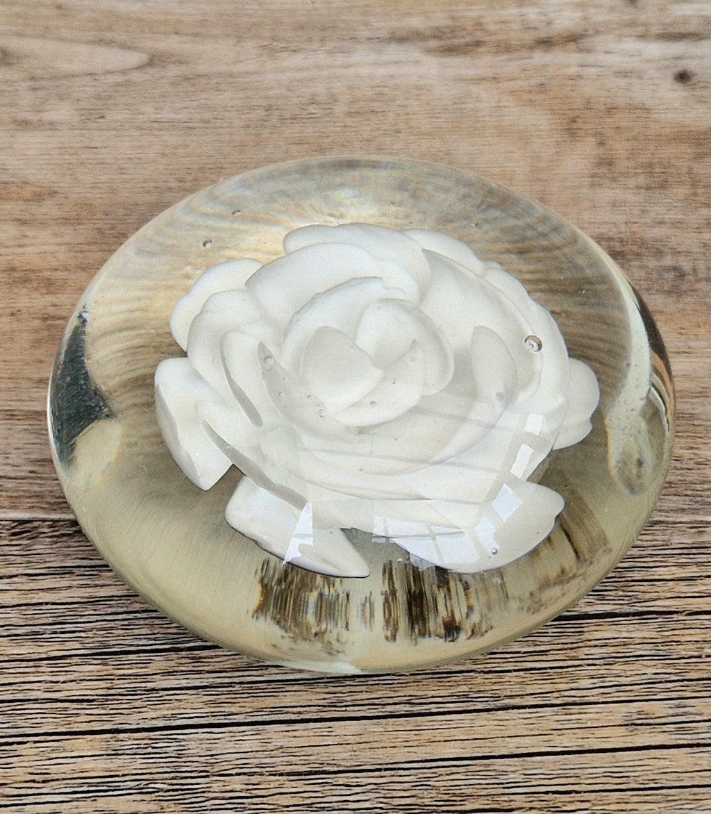 Vintage White Rose Lenticular Glass Paperweight