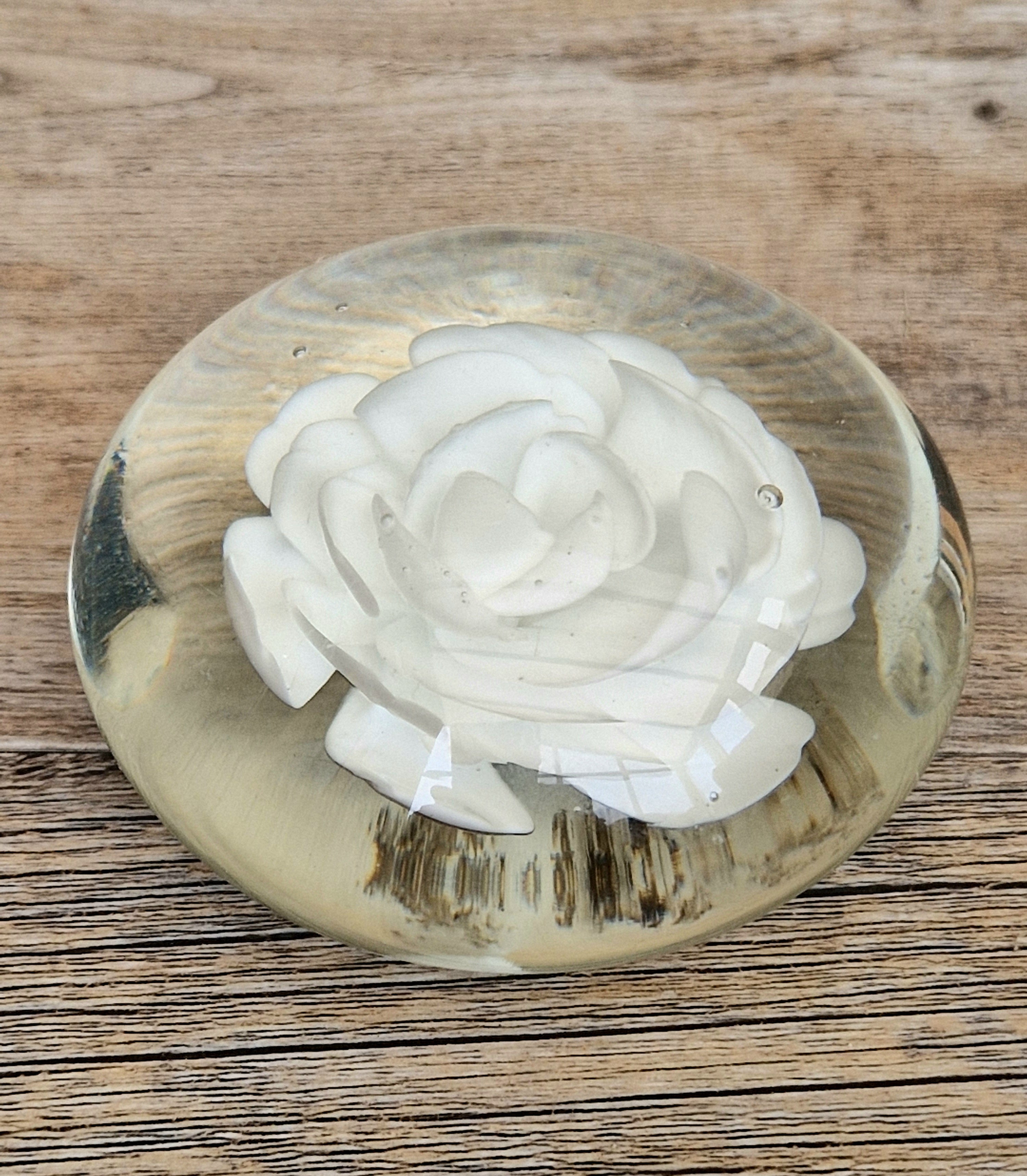 Vintage White Rose Lenticular Glass Paperweight