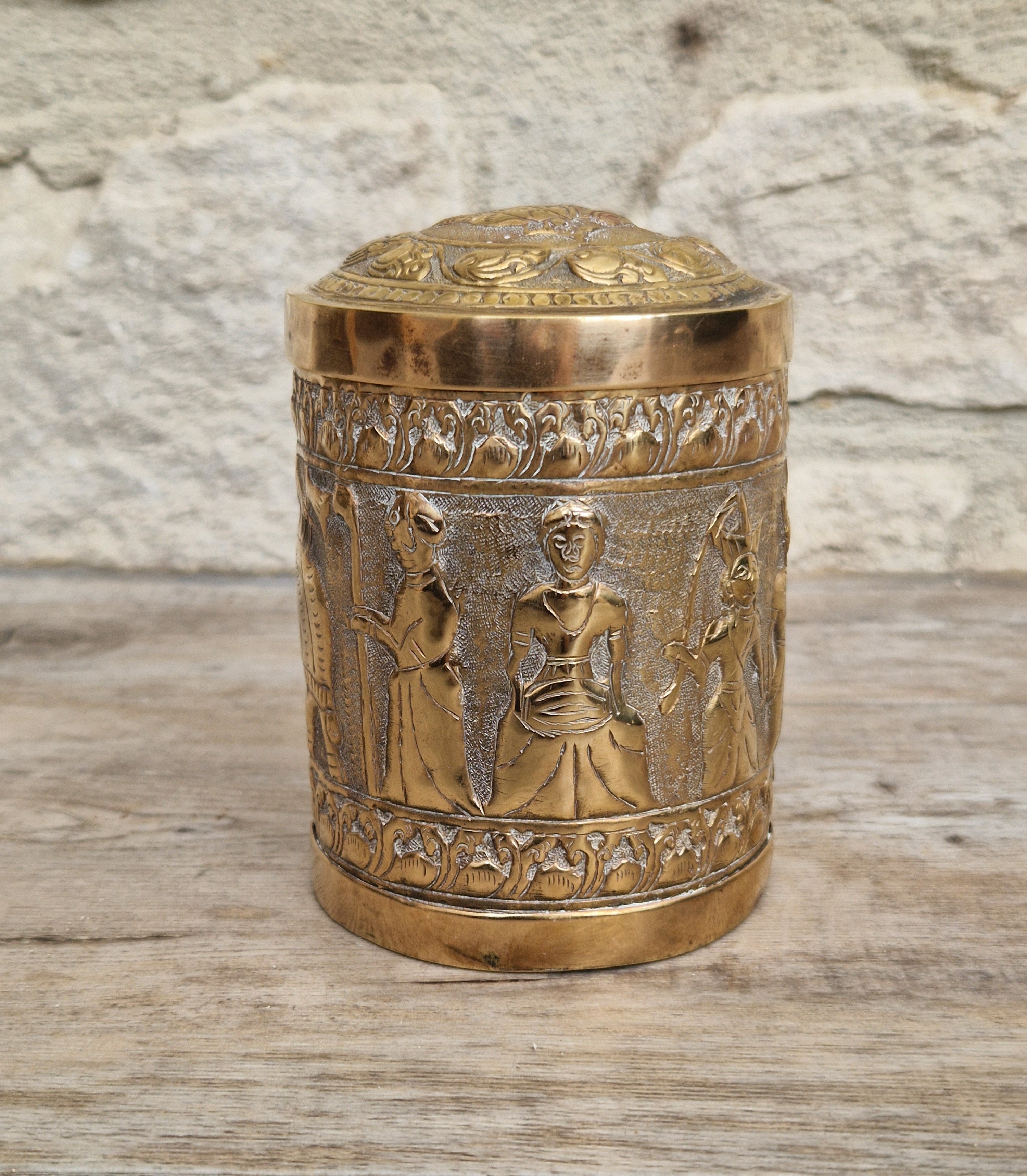 19th Century Brass Rapousse Betel Nut Lidded Decorative Canister