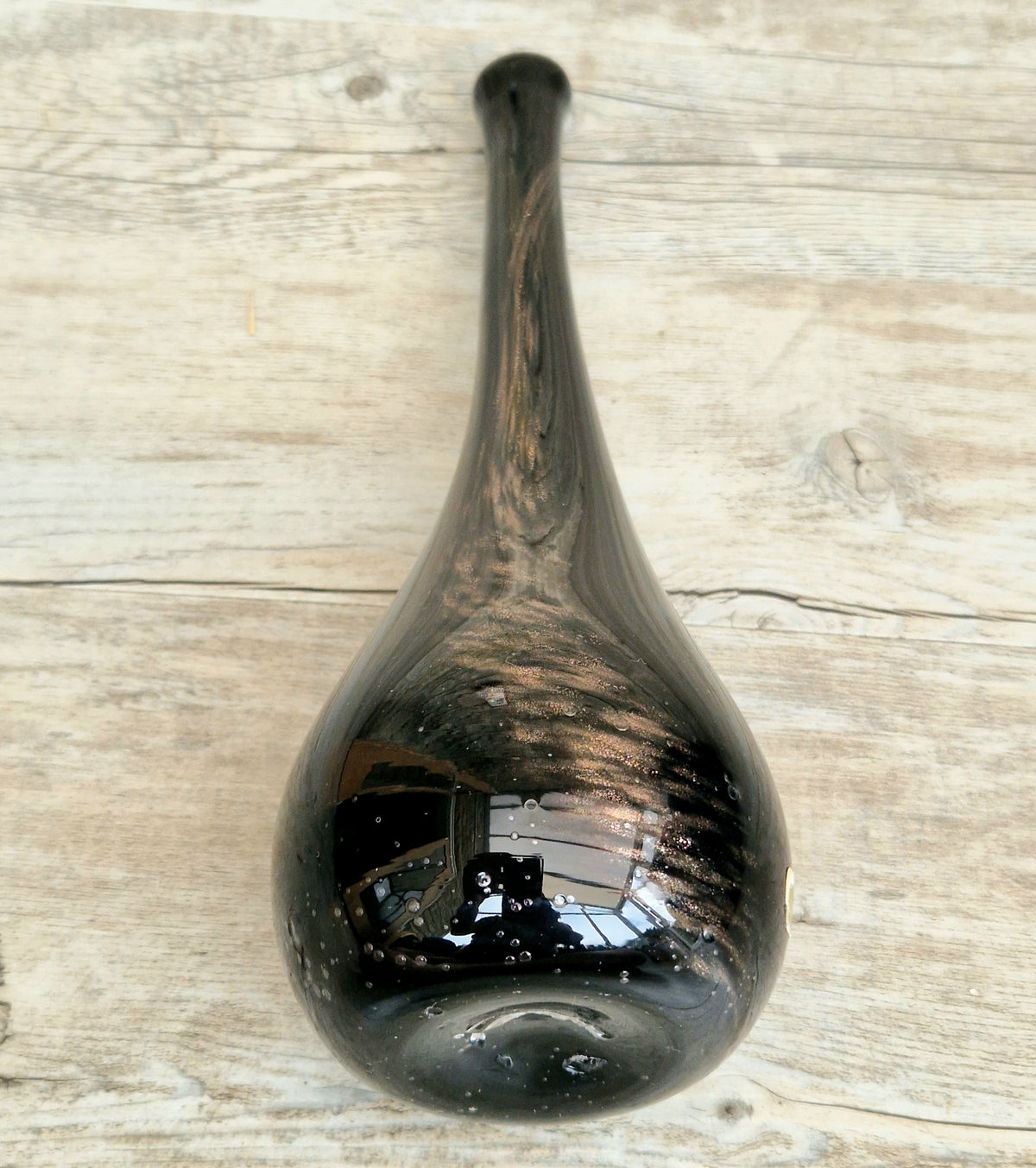 Gérard Torcheux Midcentury Amethyst Black Glass Teardrop Vase French Studio Glass Original Label. 1970s