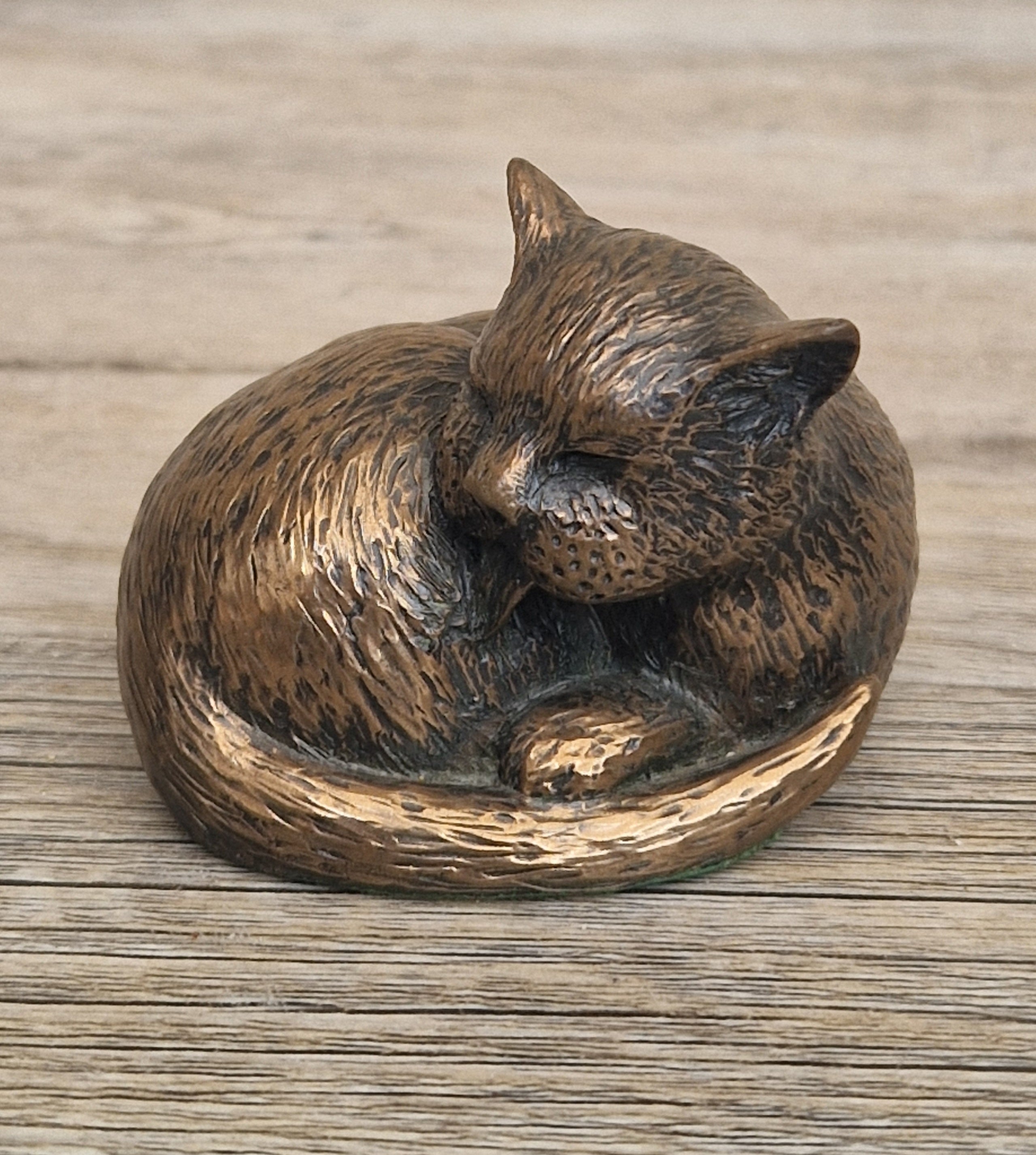 Cat Cold Cast Bronze Resin Curled Licking Figure Vintage Ornament