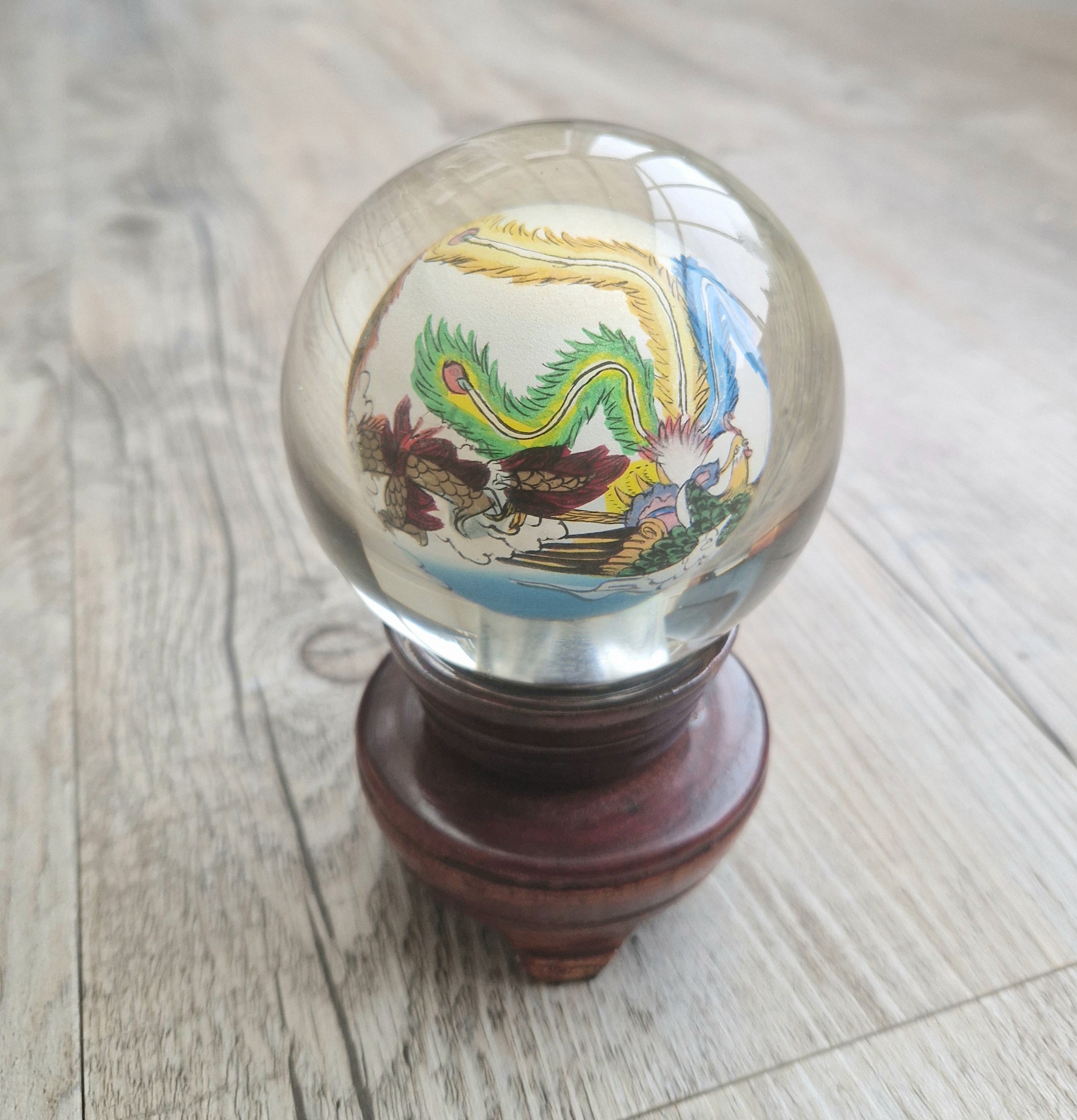 Vintage Chinese Reverse Painted Dragon & Pheonix Crystal Glass Ball Mounted Plinth