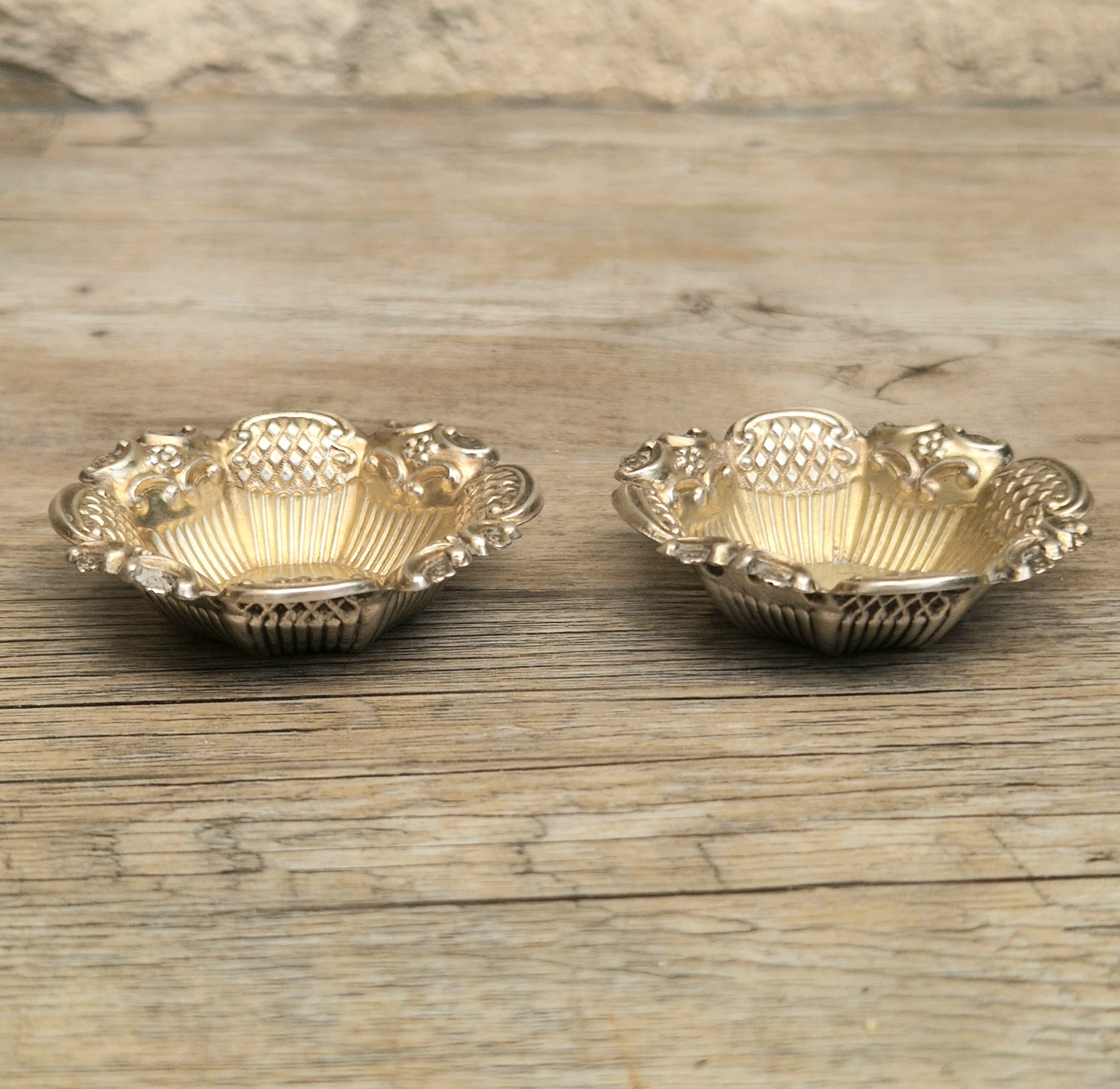 2 x 1897 Sterling Silver Ornate Open Salts by Thomas Hazlewood Birmingham England Antique