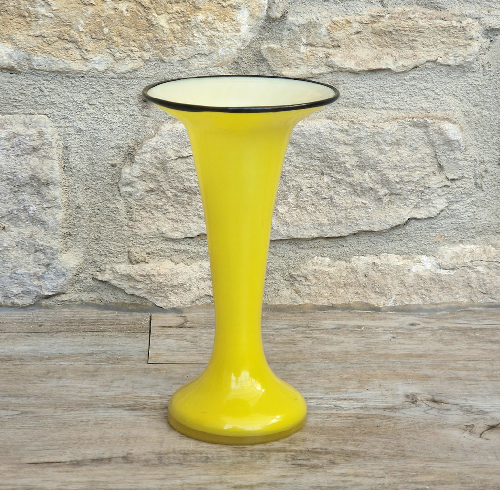 Vintage Bright Yellow Tango Glass Trumpet Vase with Black Rim 16cm