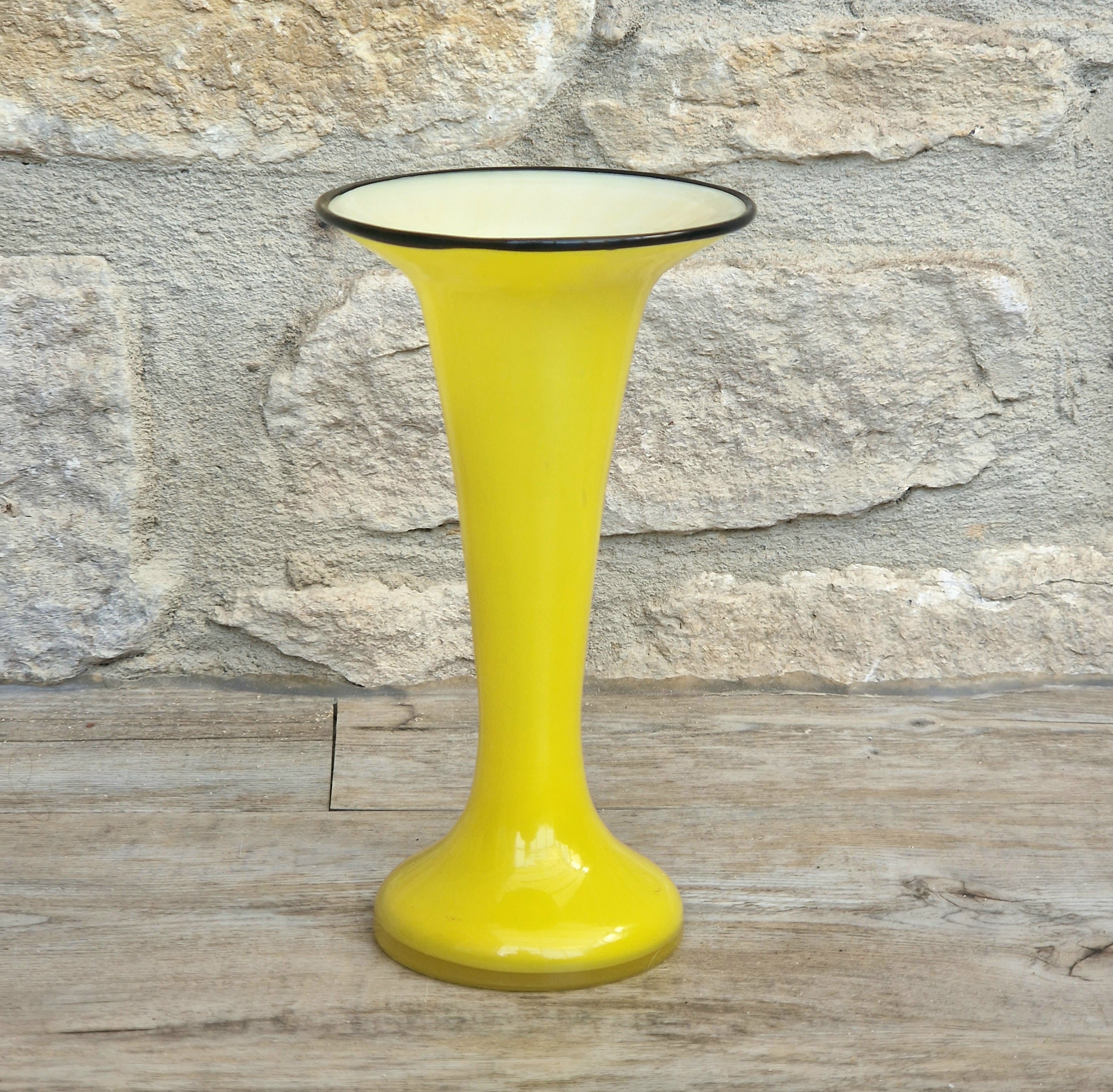 Vintage Bright Yellow Tango Glass Trumpet Vase with Black Rim 16cm