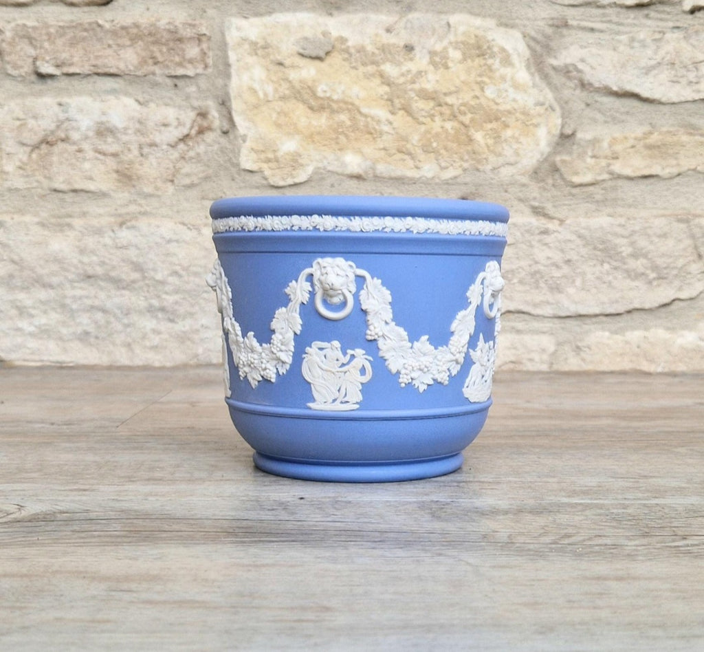 Wedgwood Jasperware Blue & White Neoclassical Sprigged Cachepot Planter Vase