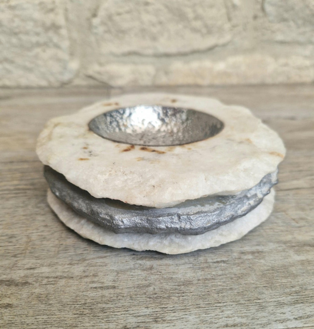 Alabaster & White Metal Vide Poche Catch-All Bowl Handmade Vintage
