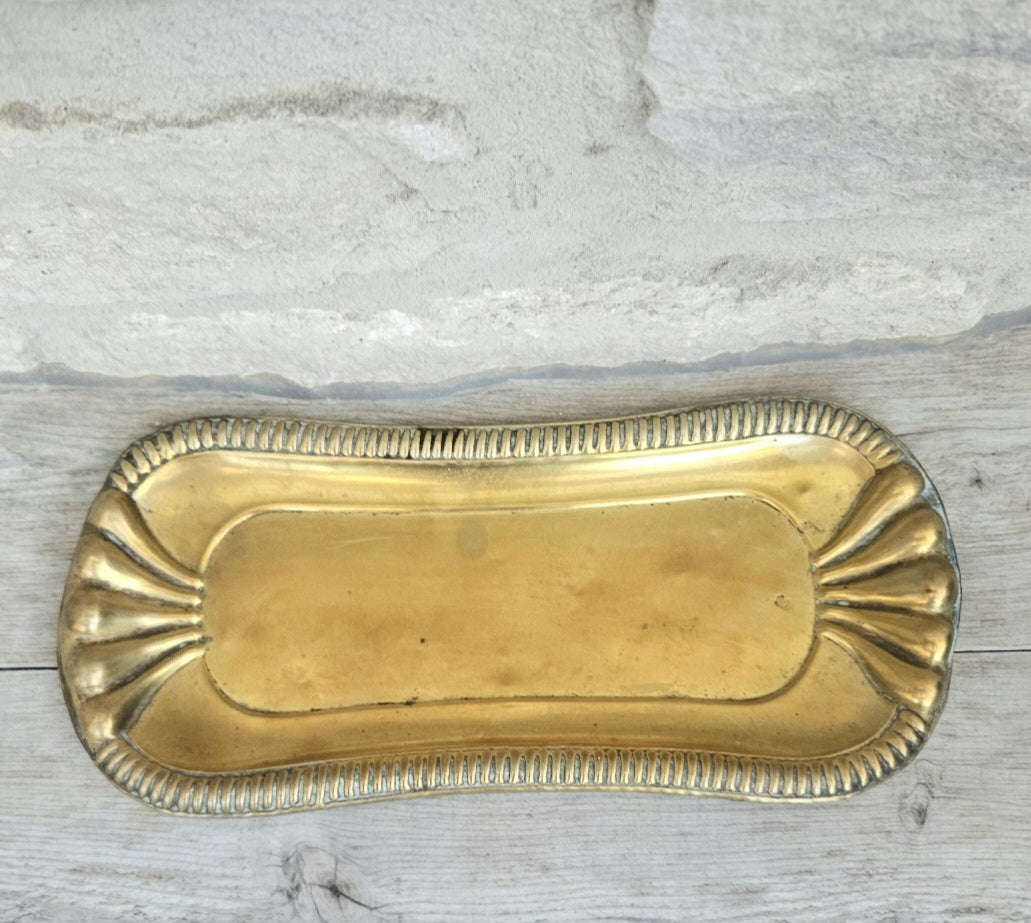 Antique Art Nouveau Brass Trinket Tray Ornate Catchall Dish Vanity Decor with Patina 24cm X 10cm