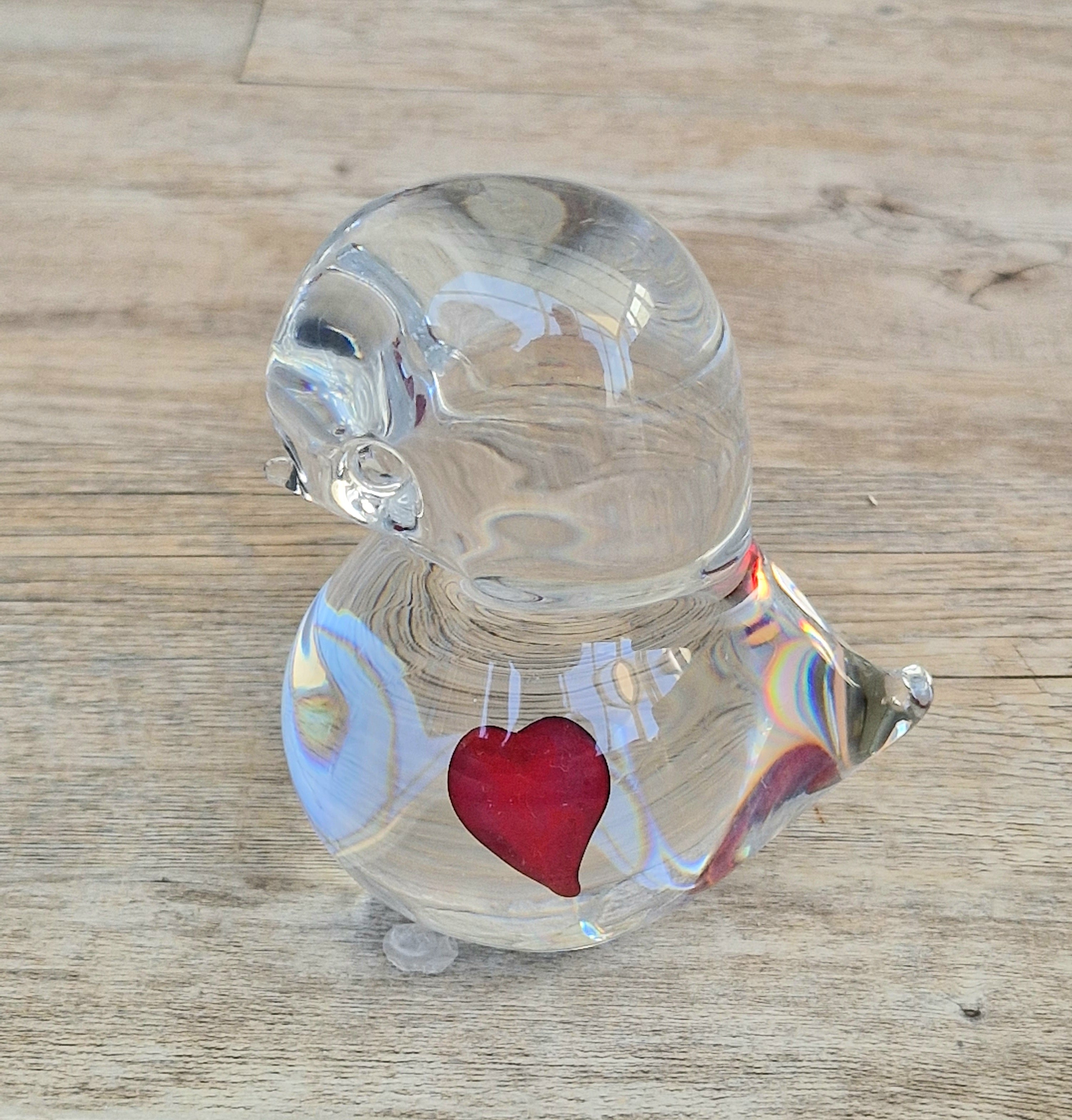 Art Glass Stylised Duckling Shaped Clear Glass With Embedded Red Heart Paperweight Ornament