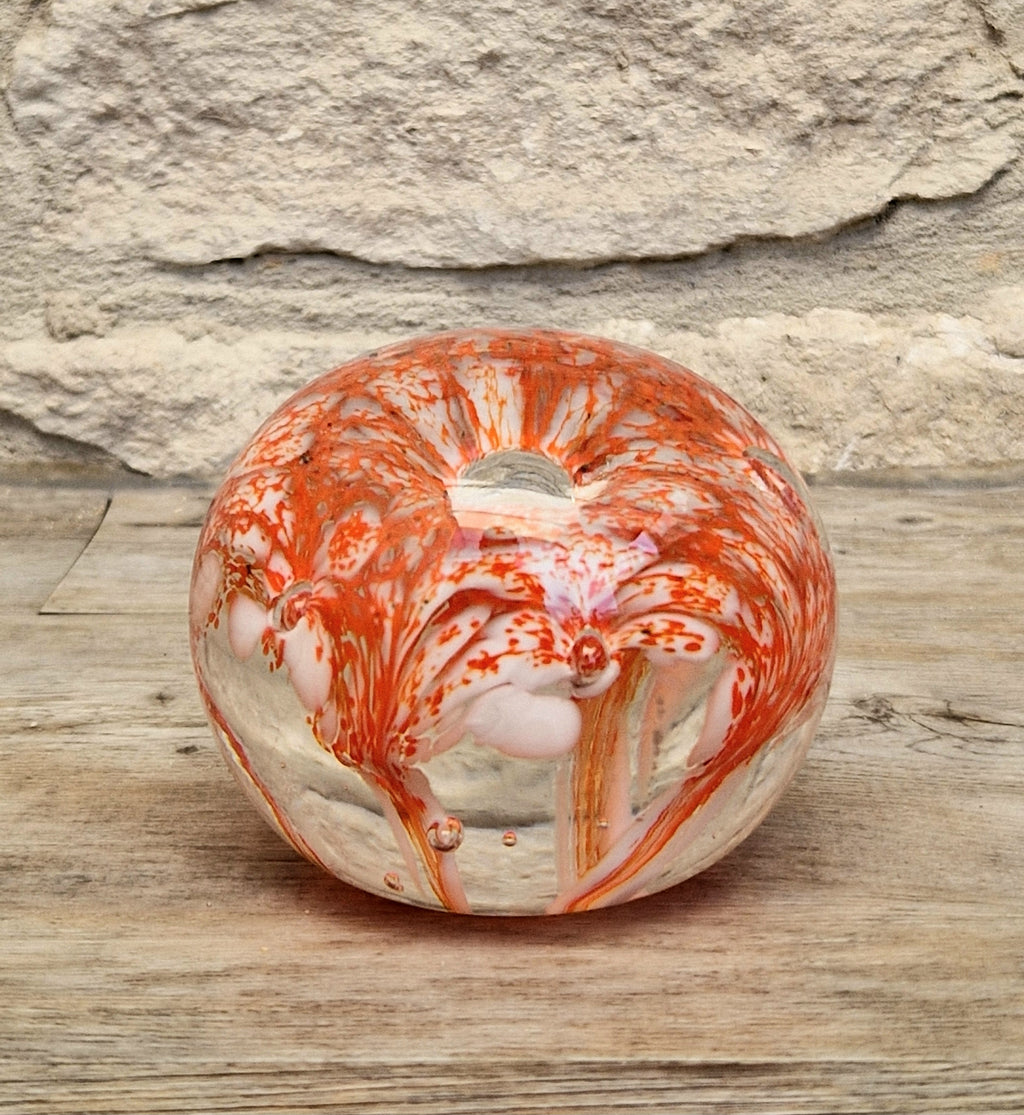 Vintage Rare Liskeard Glass Cornwall Orange & White Bubble Sphere Paperweight 1975
