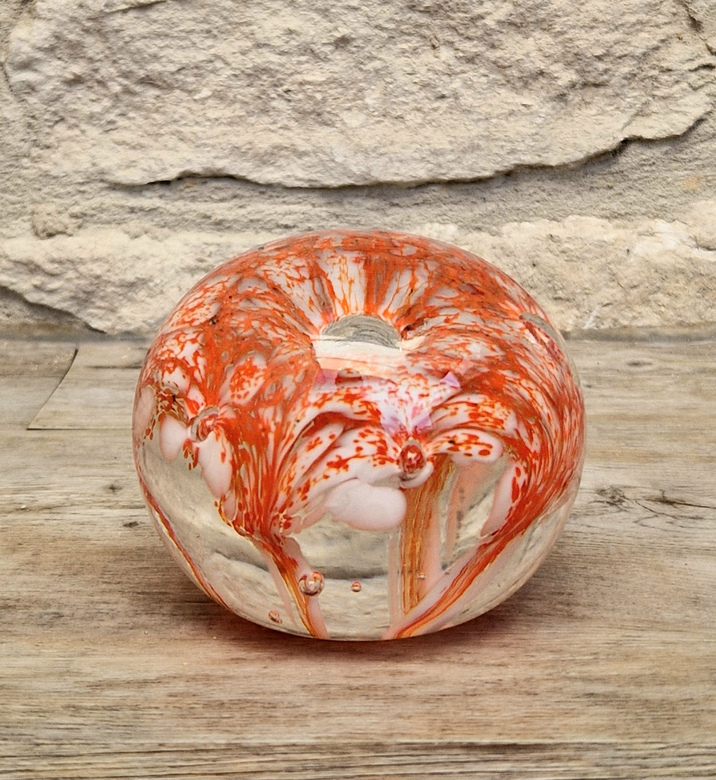 Vintage Rare Liskeard Glass Cornwall Orange & White Bubble Sphere Paperweight 1975