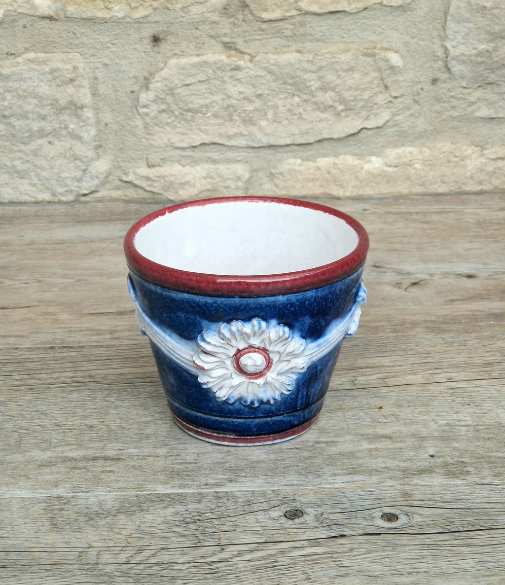 Italian Majolica Ceramic Blue & Red Floral Planter Vase Vintage