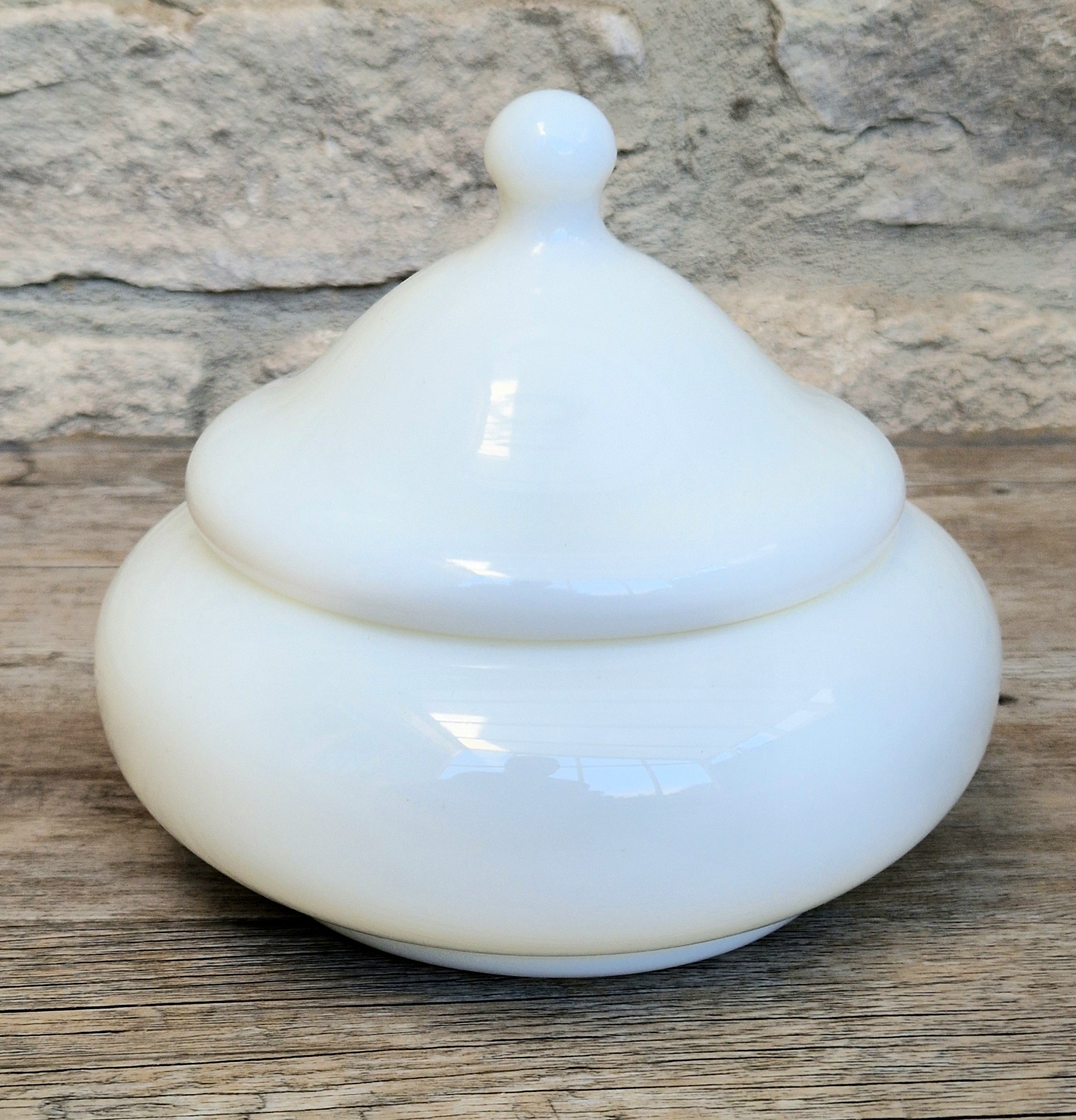 Large French Art Deco White Opaline Glass Bonbonniere Lidded Candy Dish Jar 1930s