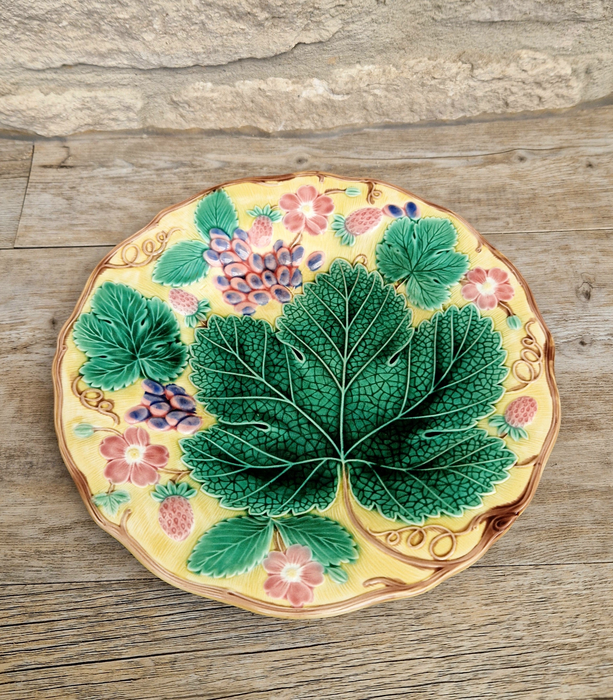 Rare Vintage Wedgwood Majolica Yellow Ground Strawberry Vine Plate 1930s English Pottery Exceptional Condition Grape Leaf & Berries