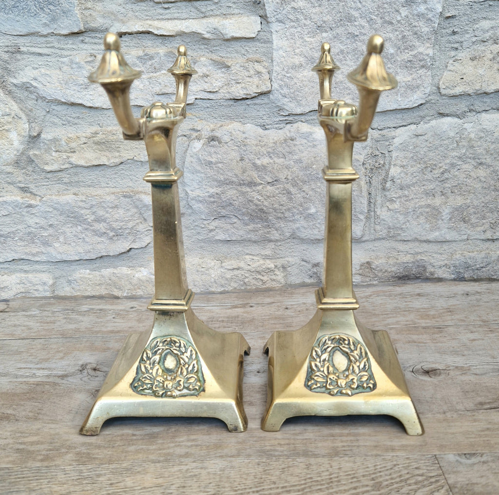 Louis XVI Revival Cast Brass Andirons Fire Dogs Wreath Relief Decoration Pair (c.1870–1900)