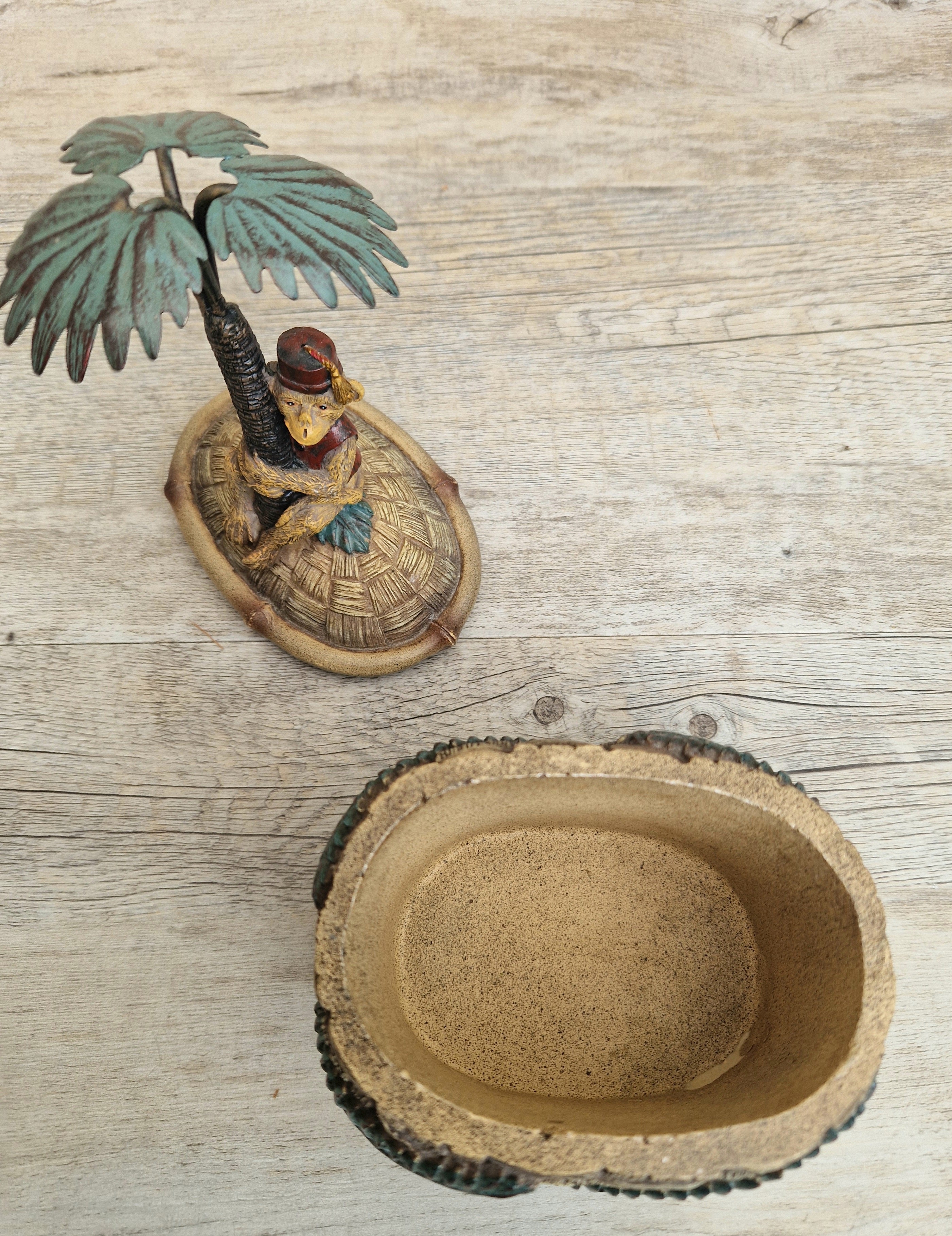 Vintage Novelty Monkey in Fez on Palm Tree Resin Trinket Pot .1980s Heavy Resin Decorative Monkey Lidded Trinket Pot 20cm Tall 916 Grams