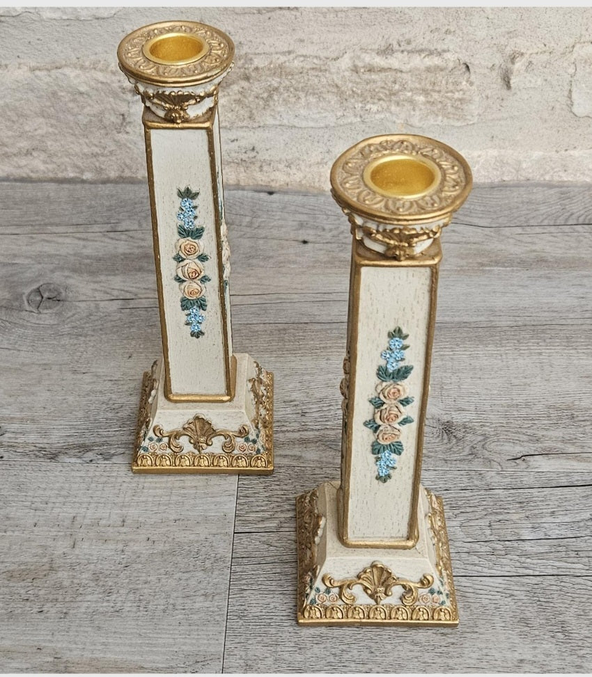 Ornate Vintage Pair Of Candlesticks Pedestal Column Resin Cream Gold Floral  9" Tall