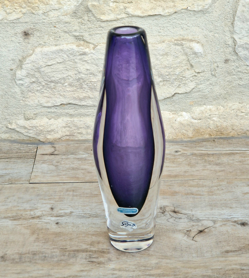 Vintage Smålandshyttan Sweden Amethyst Glass Vase Josef Schott Double Label Mid Century 20cm