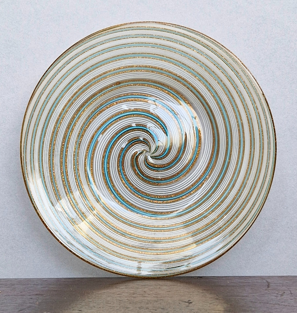 Antique Salviati Murano Glass Dish, Mezza Filigrana, Aventurine, Turquoise Blue, Venetian, c.1860–1872, 16.6cm, Perfect Condition