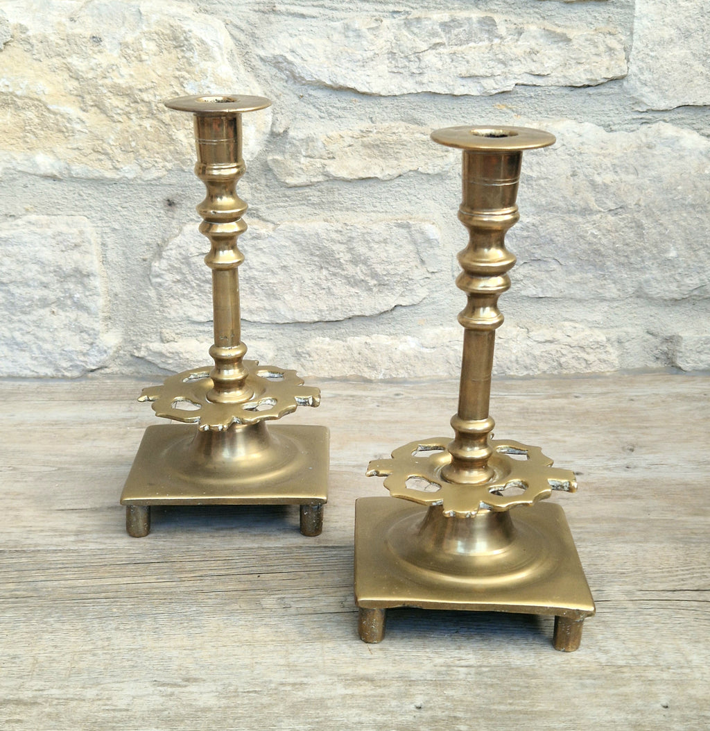18th Century Solid Turned Brass Russian Sabbat Candle Holder Sticks Very Rare