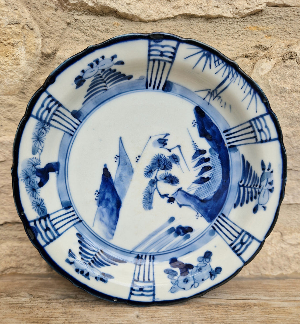 Japanese Ceramic Namasu-Zara Dish Blue & White Arita Edo 'Scholar's Retreat' Kraak Style Rare Antique
