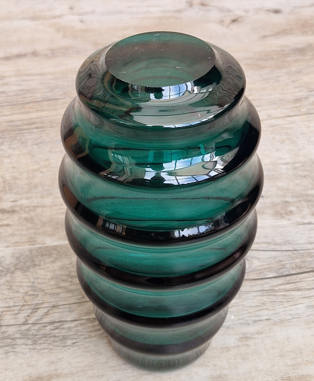 Midcentury Scandinavian Modern Hooped Vase Green Glass Magnor Norway, 1960