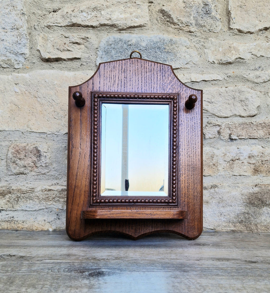 English Oak Arts & Crafts Wall Mirror Bevelled And Beaded Antique Mirror With Shelf And Hooks