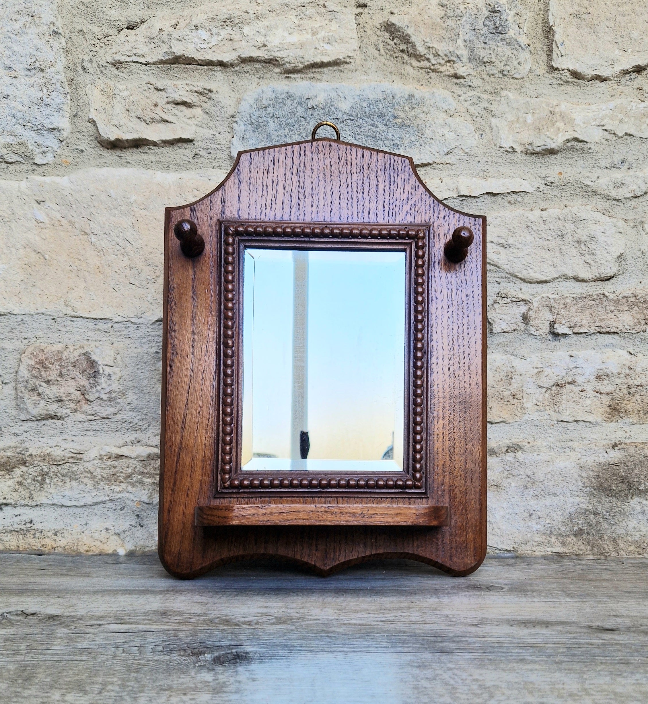 English Oak Arts & Crafts Wall Mirror Bevelled And Beaded Antique Mirror With Shelf And Hooks