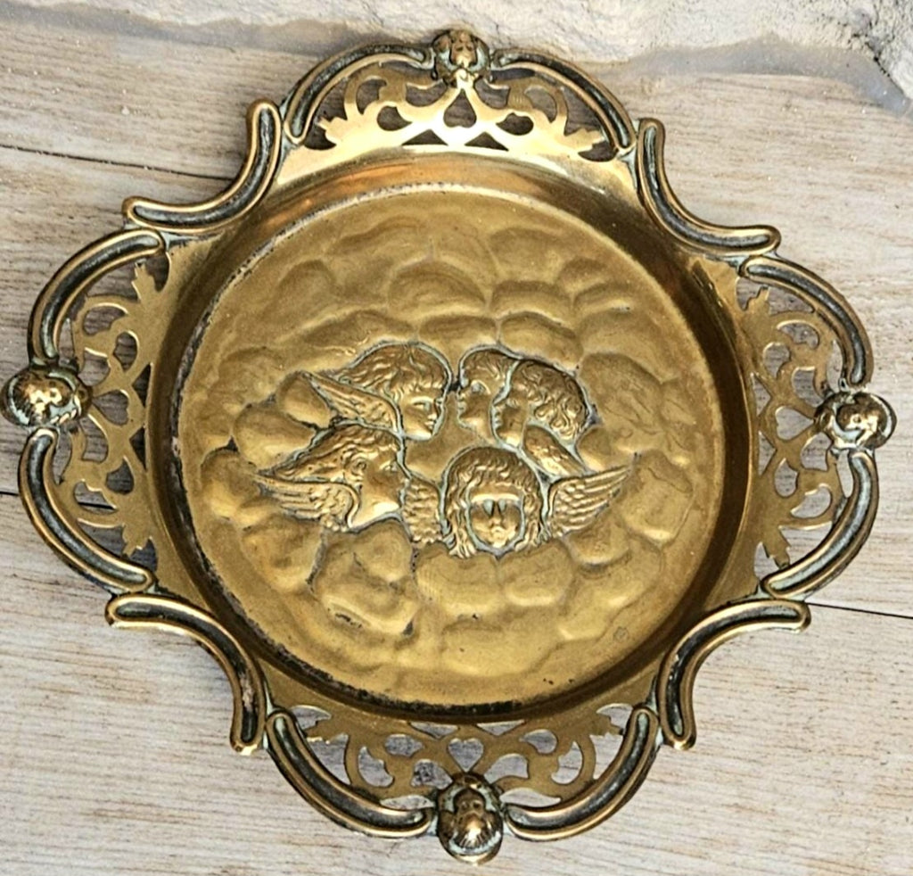 Antique Repoussé Brass Card Tray or Pin Dish "A Child's Angels" (Reynolds Angels) motif 14cm